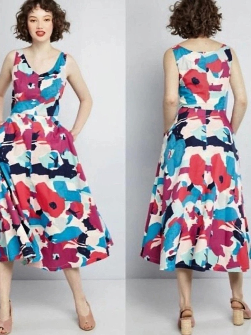 ModCloth Abstract Midi Dress in Blue & Pink Size Medium Like New